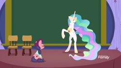Size: 1920x1080 | Tagged: safe, screencap, princess celestia, raspberry beret, alicorn, earth pony, pony, horse play, bipedal, chair, charades, discovery family logo, duo, female, mare, stage