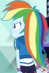 Size: 595x881 | Tagged: safe, derpibooru import, screencap, rainbow dash, equestria girls, equestria girls series, holidays unwrapped, spoiler:eqg series (season 2), accessories, angry, annoyed, canterlot mall, clothes, cropped, cute, dashabetes, dashing through the mall, female, hoodie, jacket, madorable, merchandise, pants, pouting, rainbow, shirt, short sleeves, solo, store, t-shirt, wristband
