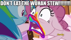 Size: 1280x720 | Tagged: safe, derpibooru import, edit, edited screencap, screencap, pinkie pie, rainbow dash, earth pony, pegasus, pony, 28 pranks later, caption, cookie zombie, coronavirus, covid-19, excessive exclamation marks, image macro, sick, stew, text, wuhan, yelling