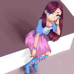 Size: 1000x1000 | Tagged: safe, artist:nensoushou, pinkie pie, equestria girls, boots, bracelet, breasts, cleavage, clothes, cute, diapinkes, female, high heel boots, jewelry, looking at you, pinkamena diane pie, skirt, smiling, solo