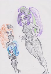Size: 2084x2987 | Tagged: safe, artist:orochivanus, adagio dazzle, aria blaze, sonata dusk, equestria girls, beret, blushing, clothes, finger snap, fingerless gloves, glasses, gloves, simple background, the dazzlings, traditional art