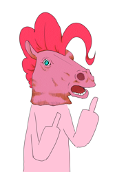 Size: 2976x4056 | Tagged: safe, artist:inu-ringo, pinkie pie, earth pony, pony, hoers, hoers mask, looking at you, mask, middle finger, open mouth, simple background, solo, vulgar, wat, white background