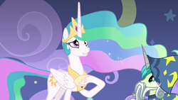 Size: 1920x1080 | Tagged: safe, screencap, princess celestia, sandbar, alicorn, pony, horse play, clothes, costume, discovery family logo, duo, ethereal mane, fake beard, fake horn, female, hoof on chest, male, mare, raised hoof, star swirl the bearded costume, teenager