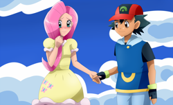 Size: 1632x1000 | Tagged: safe, artist:riadorana, fluttershy, human, ash ketchum, blushing, crossover, crossover shipping, fanfic, fanfic art, holding hands, humanized, male, pokémon, shipping, straight