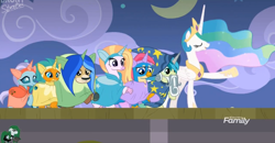 Size: 1740x907 | Tagged: safe, screencap, gallus, ocellus, princess celestia, sandbar, silverstream, smolder, yona, alicorn, changedling, changeling, dragon, earth pony, griffon, hippogriff, pony, yak, horse play, clothes, costume, dancing, fake beard, fake horn, female, male, mare, star swirl the bearded costume, student six, teenager