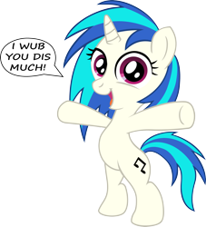 Size: 3000x3302 | Tagged: safe, artist:aleximusprime, artist:firestorm-can, dj pon-3, vinyl scratch, pony, unicorn, bipedal, chibi, comic, cute, cutie mark, daaaaaaaaaaaw, female, filly, foal, hooves, horn, open mouth, simple background, solo, text, transparent background, vector, wub, younger