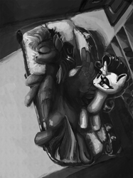 Size: 1380x1849 | Tagged: safe, artist:nemo2d, derpibooru import, rainbow dash, rarity, pegasus, pony, unicorn, fanfic:salvation, eyes closed, fainting couch, fanfic art, female, from above, grayscale, lesbian, mare, monochrome, pillow, prone, raridash, shipping, sleeping