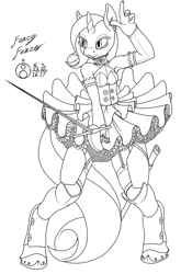 Size: 659x1000 | Tagged: safe, artist:sepiakeys, rarity, anthro, unicorn, armor, armpits, chaps, choker, clothes, fantasy class, fencer, horseshoes, lineart, rapier, ruffles, skirt, solo, sword, tutu, weapon