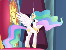 Size: 894x683 | Tagged: safe, screencap, princess celestia, alicorn, pony, horse play, canterlot castle, cropped, cute, cutelestia, ethereal mane, excited, female, mare, solo, spread wings, tiptoe, wings