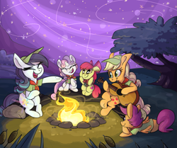 Size: 1291x1080 | Tagged: safe, artist:ponygoggles, apple bloom, applejack, coloratura, scootaloo, sweetie belle, earth pony, pegasus, pony, unicorn, campfire, camping, cap, cutie mark, cutie mark crusaders, eyes closed, female, filly, guitar, hat, lip bite, mare, night, on side, rara, scout uniform, singing, stars, the cmc's cutie marks, tree