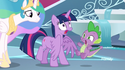 Size: 1920x1080 | Tagged: safe, screencap, princess celestia, spike, twilight sparkle, twilight sparkle (alicorn), alicorn, dragon, pony, horse play, canterlot castle, discovery family logo, scared, startled