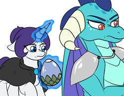 Size: 3300x2550 | Tagged: safe, artist:jolliapplegirl, dragon lord ember, princess ember, rarity, dragon, pony, unicorn, cloak, clothes, egg, floppy ears, implied rape, story included