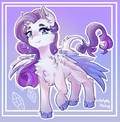 Size: 1026x1044 | Tagged: safe, artist:cityliqhts, rarity, pegasus, pony, chest fluff, cloven hooves, fluffy, leonine tail, looking at you, pegasus rarity, race swap, smiling, solo, species swap, unshorn fetlocks