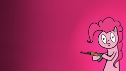 Size: 3840x2160 | Tagged: safe, artist:exxticcy, derpibooru import, pinkie pie, earth pony, pony, bad, female, fuck the police, german, gun, handgun, hoof hold, laughing, looking at you, mare, open mouth, police, pure unfiltered evil, simple background, solo, weapon