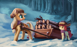 Size: 1200x742 | Tagged: safe, artist:maggwai, apple bloom, applejack, earth pony, pony, clothes, duo, female, filly, forest, hat, logs, mare, scarf, sisters, sled, snow, ushanka, winter