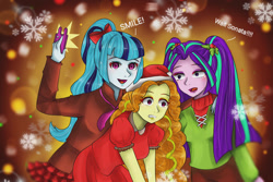 Size: 1024x682 | Tagged: safe, artist:violetleegee, adagio dazzle, aria blaze, sonata dusk, equestria girls, bow, cellphone, clothes, hair bow, hat, holly, open mouth, phone, santa hat, selfie, the dazzlings, waving