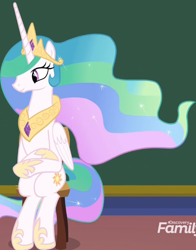 Size: 568x726 | Tagged: safe, screencap, princess celestia, alicorn, pony, horse play, cropped, cute, cutelestia, discovery family logo, female, hoof shoes, jewelry, majestic as fuck, mare, peytral, ponies sitting like humans, regalia, sitlestia, sitting, smiling, solo