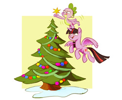 Size: 628x516 | Tagged: safe, artist:nukilik, derpibooru import, spike, twilight sparkle, twilight sparkle (alicorn), alicorn, dragon, pony, christmas, christmas tree, female, flying, hearth's warming, mare, tree