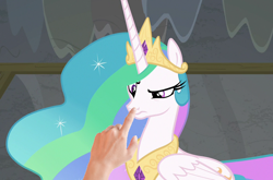 Size: 1016x670 | Tagged: safe, edit, edited screencap, screencap, princess celestia, human, horse play, boop, boop edit, celestia is not amused, cute, disappointed, hand, meta, non-consensual booping, pure unfiltered evil, raised eyebrow, unamused