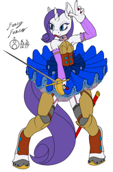 Size: 1318x2000 | Tagged: safe, artist:sepiakeys, rarity, anthro, unguligrade anthro, unicorn, armor, armpits, chaps, choker, clothes, fantasy class, female, fencer, garters, horseshoes, mare, rapier, ruffles, skirt, solo, sword, tutu, weapon