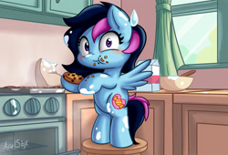 Size: 2200x1500 | Tagged: safe, artist:arielsbx, artist:thecoldsbarn, oc, oc:candy sparklez, baking, bipedal, caught, cookie, cooking, cute, female, filly, flour, food, hoof hold, kitchen, oh no, pure unfiltered evil, surprised