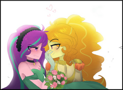 Size: 1280x932 | Tagged: safe, artist:jankrys00, adagio dazzle, aria blaze, equestria girls, adaria, blushing, breasts, cleavage, clothes, dress, female, lesbian, shipping