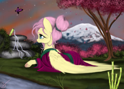 Size: 3856x2775 | Tagged: safe, artist:vinicius040598, fluttershy, pegasus, pony, bamboo, cherry blossoms, clothes, flower, garden, kimono (clothing), mountain, scenery