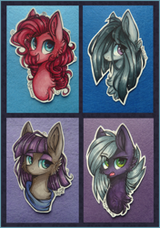 Size: 2000x2841 | Tagged: safe, artist:tenebristayga, limestone pie, marble pie, maud pie, pinkie pie, earth pony, pony, bust, colored pupils, markers, pie sisters, portrait, signature, traditional art