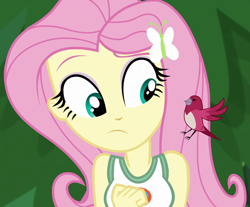 Size: 870x720 | Tagged: safe, screencap, fluttershy, bird, equestria girls, legend of everfree, clothes, cropped, landing, solo, songbird, spread wings, tanktop, wings