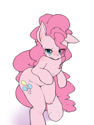 Size: 600x800 | Tagged: safe, artist:hidamariru, pinkie pie, earth pony, pony, bipedal, blushing, cute, diapinkes, eye clipping through hair, floppy ears, looking at you, pixiv, simple background, solo, white background