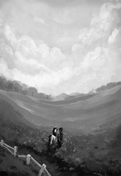 Size: 1450x2110 | Tagged: safe, artist:nemo2d, derpibooru import, rainbow dash, rarity, pegasus, pony, unicorn, fanfic:salvation, duo, fanfic art, female, field, grayscale, mare, monochrome, scenery