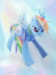 Size: 900x1200 | Tagged: safe, artist:tomizawa96, derpibooru import, rainbow dash, pegasus, pony, backwards cutie mark, cloud, flying, solo