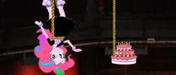 Size: 1339x573 | Tagged: safe, artist:blarghalt, pinkie pie, equestria girls, alternate universe, cake, eqg promo pose set, equestria girls: the parody series, food, hanging, rope, solo, unhappy, upside down