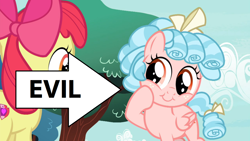 Size: 1280x720 | Tagged: safe, edit, edited screencap, screencap, apple bloom, cozy glow, pegasus, pony, marks for effort, bow, caption arrow, cozy glow is best facemaker, cozybetes, cute, evil, female, filly, foal, hair bow, hilarious in hindsight, op was right, pure concentrated unfiltered evil of the utmost potency, pure unfiltered evil, ringlets, tail bow, tree, truth
