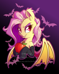 Size: 800x1000 | Tagged: safe, artist:dfectivedvice, artist:yokokinawa, fluttershy, bat pony, pony, collaboration, apple, colored pupils, eyeshadow, fangs, flutterbat, food, makeup, race swap, red eyes, solo