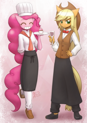 Size: 1000x1407 | Tagged: safe, artist:howxu, applejack, pinkie pie, anthro, alcohol, bowtie, chef's hat, clothes, cowboy hat, cupcake, eyes closed, female, food, hat, long skirt, skirt, stetson, waitress, wine