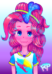 Size: 2802x3969 | Tagged: safe, artist:rirepink, pinkie pie, equestria girls, alternate hairstyle, anime, bow, colorful, crossover, cute, diapinkes, hair bow, overwatch, pharah, solo