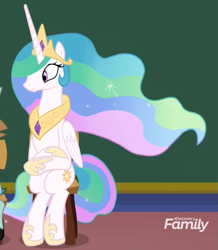 Size: 883x1012 | Tagged: safe, screencap, princess celestia, alicorn, pony, horse play, cropped, cute, cutelestia, discovery family logo, female, hoof shoes, jewelry, peytral, ponies sitting like humans, regalia, sitlestia, sitting, smiling, stool