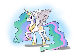 Size: 1024x744 | Tagged: safe, artist:tech--pony, princess celestia, alicorn, pony, ethereal mane, female, jewelry, mare, regalia, smiling, solo, spread wings, wings