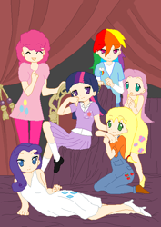 Size: 459x647 | Tagged: safe, artist:aerishikari, derpibooru import, applejack, fluttershy, pinkie pie, rainbow dash, rarity, twilight sparkle, human, chair, curtains, humanized, mane six, pose