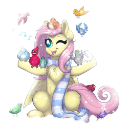 Size: 1000x1000 | Tagged: safe, artist:confetticakez, fluttershy, bird, pegasus, pony, chest fluff, clothes, cute, music notes, one eye closed, open mouth, scarf, shyabetes, singing, snow, winter