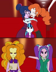 Size: 2425x3092 | Tagged: safe, artist:feroxultrus, adagio dazzle, aria blaze, sci-twi, sonata dusk, twilight sparkle, oc, equestria girls, friendship games, fanfic, fanfic art, jealous, restaurant, story included