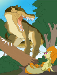 Size: 3864x5000 | Tagged: safe, artist:feroxultrus, adagio dazzle, bird, crocodile, siren, absurd resolution, angry, chase, escape, foal, forest, kaprosuchus, monster, tree