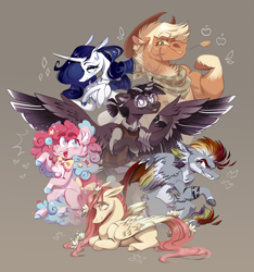 Size: 3285x3508 | Tagged: safe, artist:olivecow, derpibooru import, applejack, fluttershy, pinkie pie, rainbow dash, rarity, twilight sparkle, twilight sparkle (alicorn), alicorn, earth pony, pegasus, pony, unicorn, alternate design, applejacked, flexing, flower, flower in hair, glasses, gray background, grin, group shot, jewelry, mane six, muscles, necklace, redesign, scar, simple background, smiling, speedpaint available