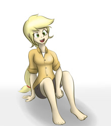 Size: 700x800 | Tagged: safe, artist:samofbob, applejack, human, barefoot, clothes, feet, humanized, shirt, shorts, sitting, solo