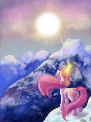 Size: 1024x1365 | Tagged: safe, artist:catscratchpaper, princess celestia, alicorn, pony, unicorn, cutie mark, eyes closed, female, glowing horn, mare, mountain, pink-mane celestia, raising the sun, solo, sun, sunrise, younger