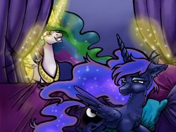 Size: 2224x1668 | Tagged: safe, artist:catscratchpaper, princess celestia, princess luna, alicorn, pony, bed, curtains, cutie mark, duo, female, glowing horn, jewelry, lidded eyes, magic, mare, missing accessory, morning ponies, regalia, sisters, smiling, telekinesis, waking up