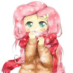 Size: 1400x1400 | Tagged: safe, artist:fromamida, fluttershy, equestria girls, blushing, clothes, colored pupils, cute, jacket, looking at you, scarf, shy, shyabetes, simple background, snow, snowfall, solo, white background