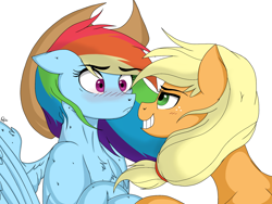 Size: 2048x1536 | Tagged: safe, artist:pimpartist101, derpibooru import, applejack, rainbow dash, earth pony, pegasus, pony, appledash, applejack's hat, blushing, cowboy hat, female, grin, hat, lesbian, shipping, simple background, smiling, white background