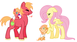 Size: 1024x559 | Tagged: safe, artist:theponythatdraws, big macintosh, fluttershy, oc, pegasus, pony, baby, baby pony, bipedal, bipedal leaning, family, fluttermac, heart, leaning, male, offspring, pacifier, parent:big macintosh, parent:fluttershy, parents:fluttermac, shipping, simple background, straight, white background